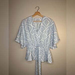 Sweet Rain geometric tie-waist blouse in light blue/white